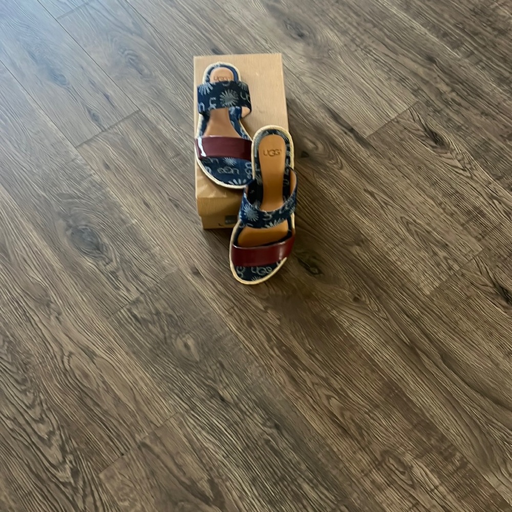 Uggs Slides! Denim Blue and Burgundy in a size 6.